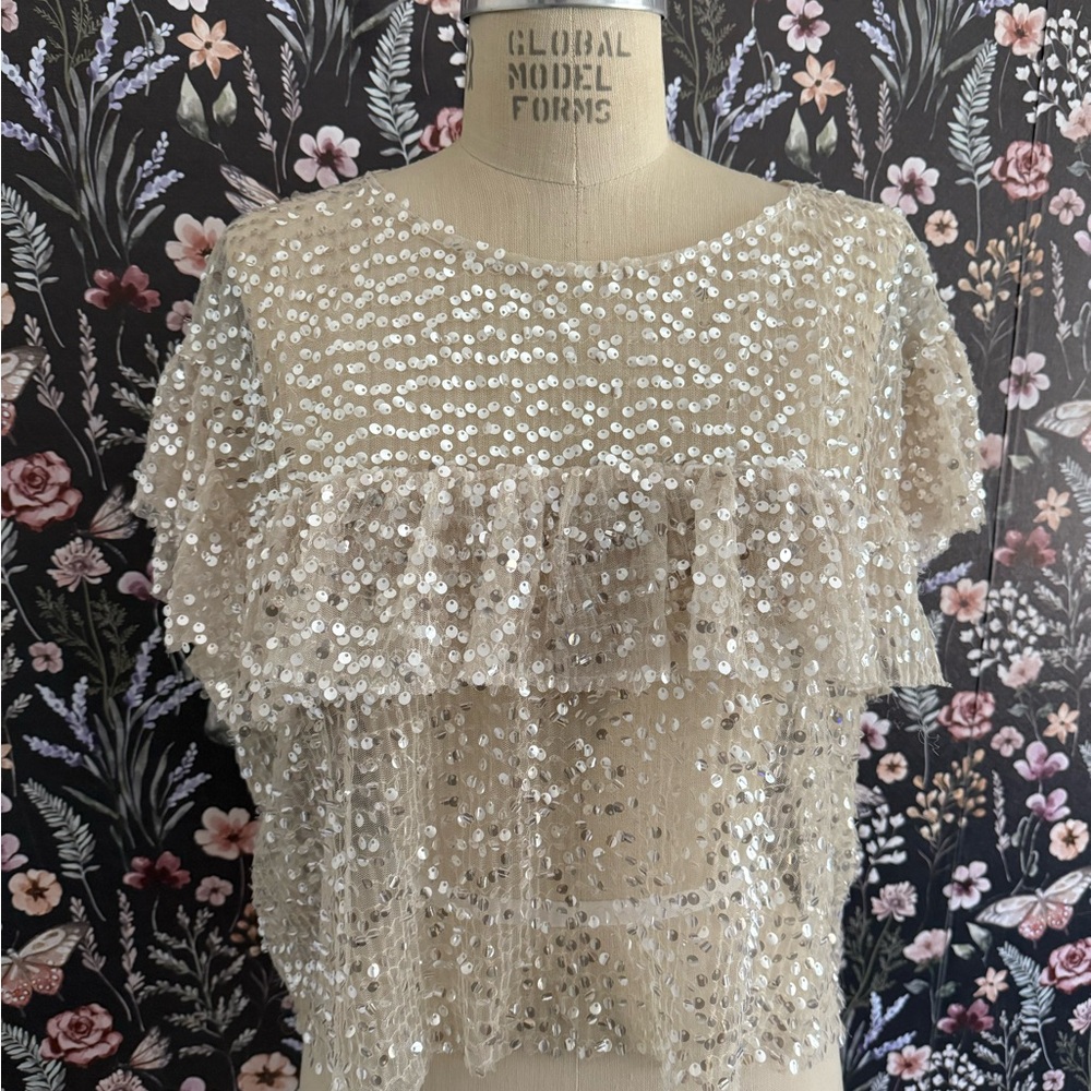 Sequin Embellished Cream Top